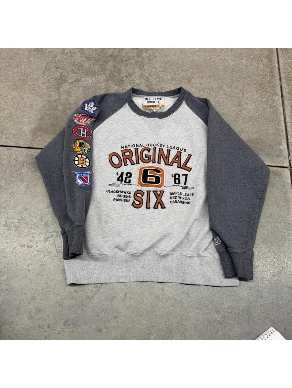 vintage original six old time hockey grey crewneck size large HAS STAIN